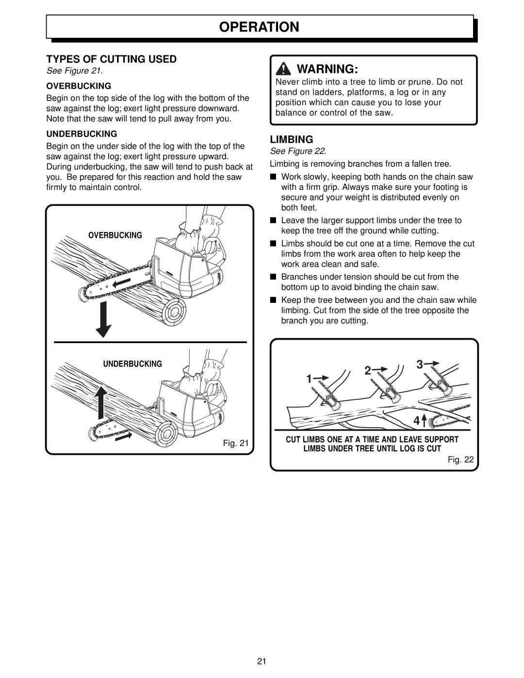 Homelite UT34010 manual Types of Cutting Used, Limbing, Overbucking, Underbucking 