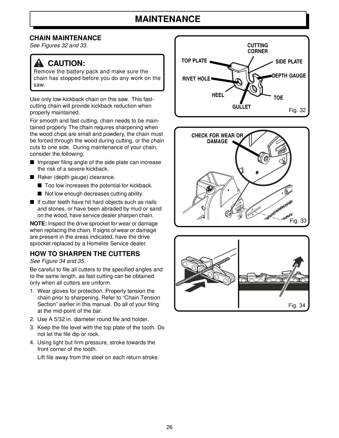 Homelite UT34010 manual Chain Maintenance, HOW to Sharpen the Cutters 