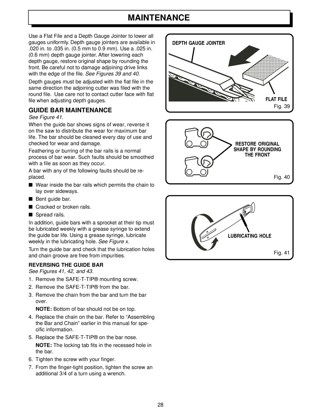 Homelite UT34010 manual Guide BAR Maintenance, Reversing the Guide BAR, See Figures 41, 42 