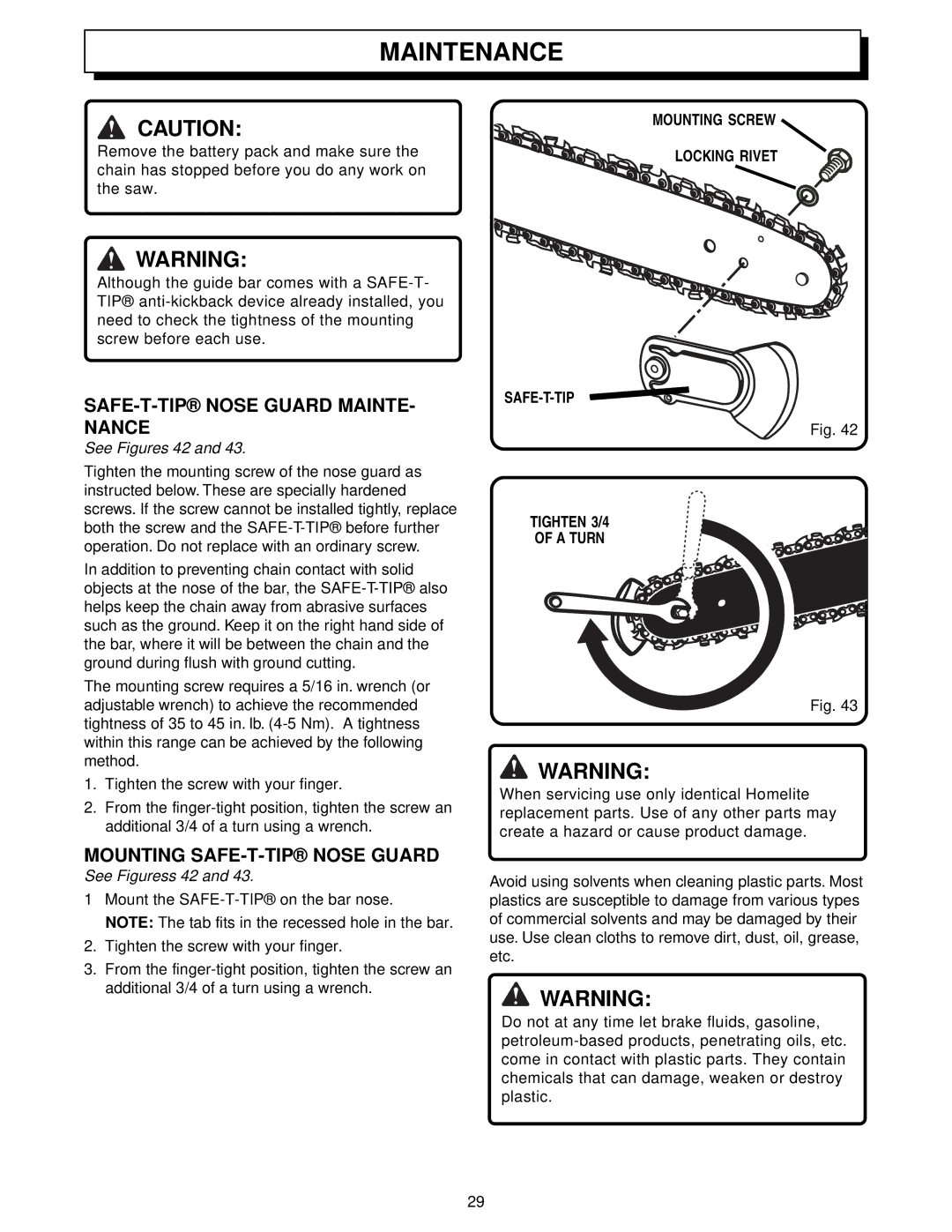 Homelite UT34010 SAFE-T-TIP Nose Guard MAINTE- Nance, Mounting SAFE-T-TIP Nose Guard, See Figures 42, See Figuress 42 