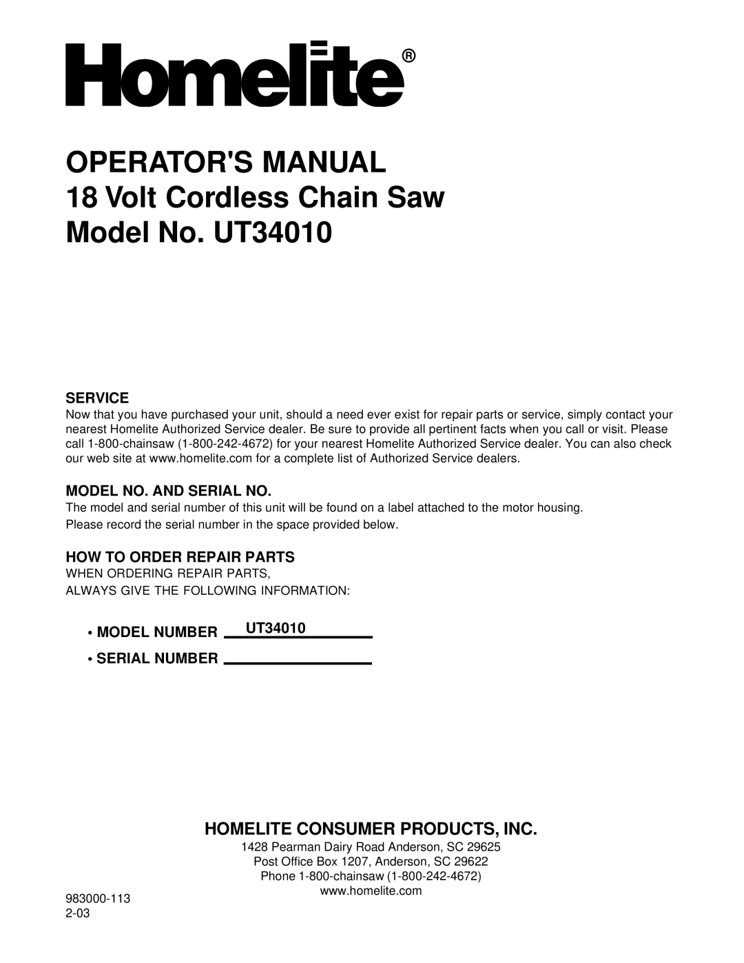 Homelite manual Service Model NO. and Serial no, HOW to Order Repair Parts, Model Number UT34010 Serial Number 