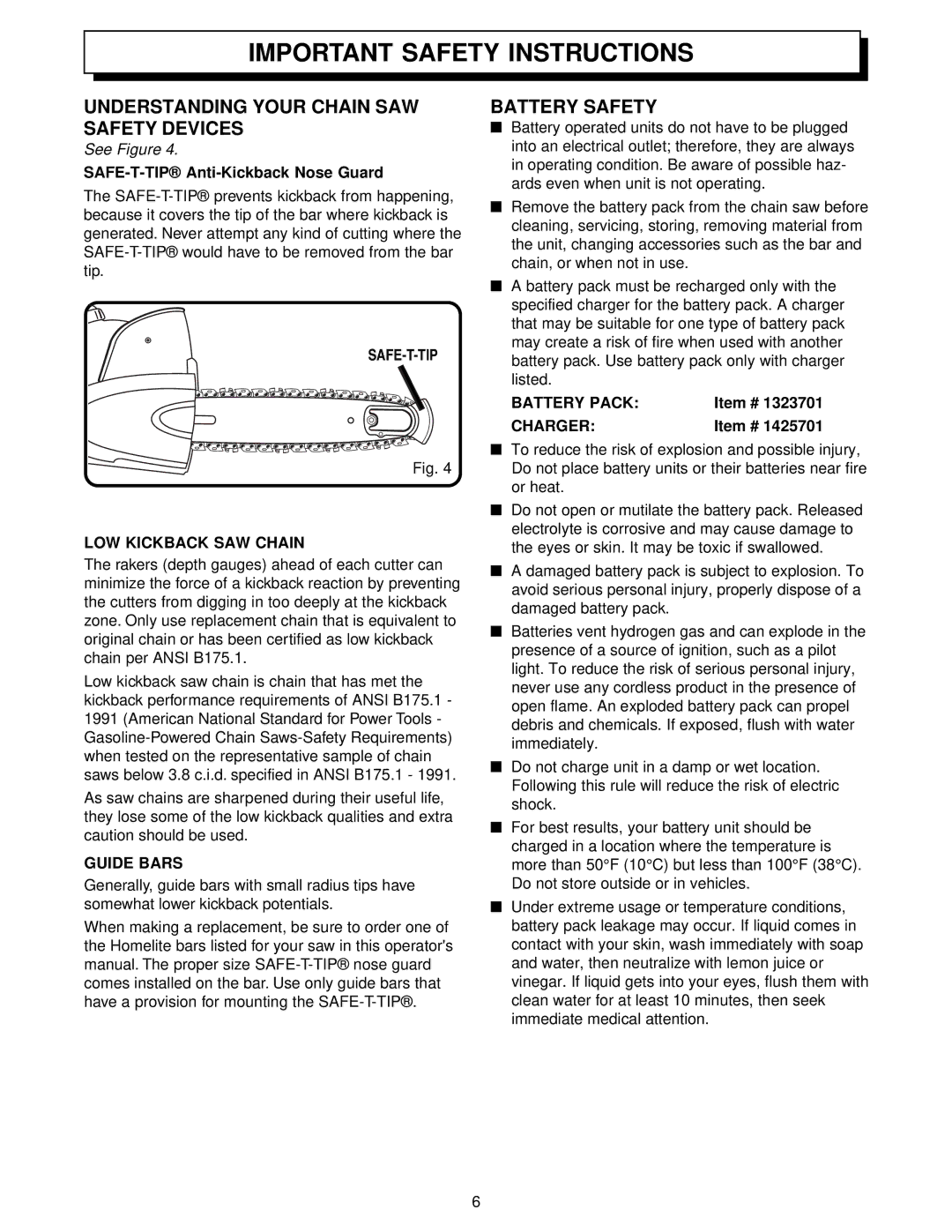 Homelite UT34010 manual Understanding Your Chain SAW Safety Devices, Battery Safety 