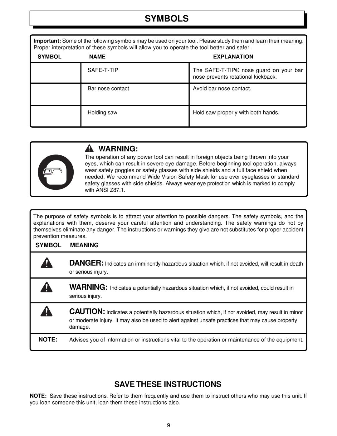 Homelite UT34010 manual Symbol Meaning 