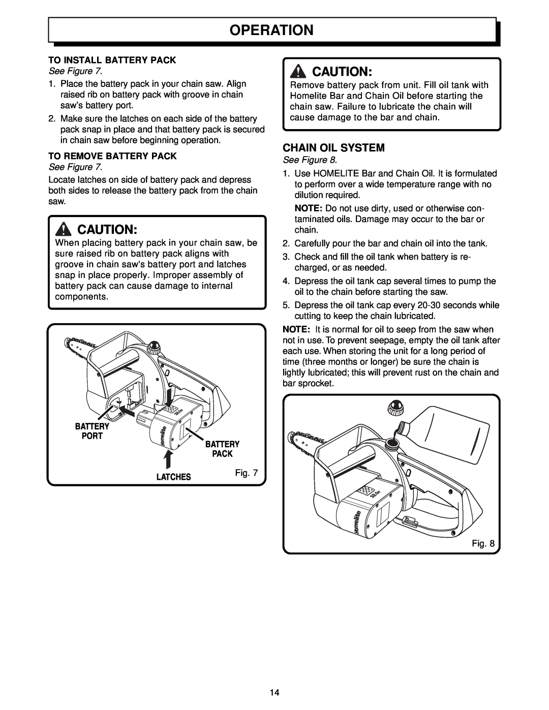 Homelite UT34010 manual Chain Oil System, To Install Battery Pack, To Remove Battery Pack, Latches, Operation, See Figure 