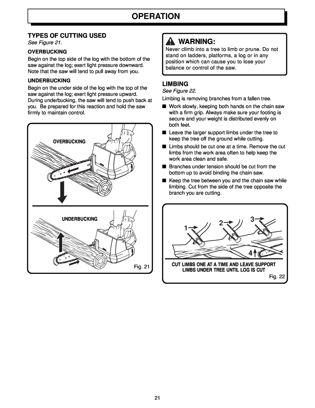 Homelite UT34010 manual Types Of Cutting Used, Limbing, Overbucking, Underbucking, Operation, See Figure 