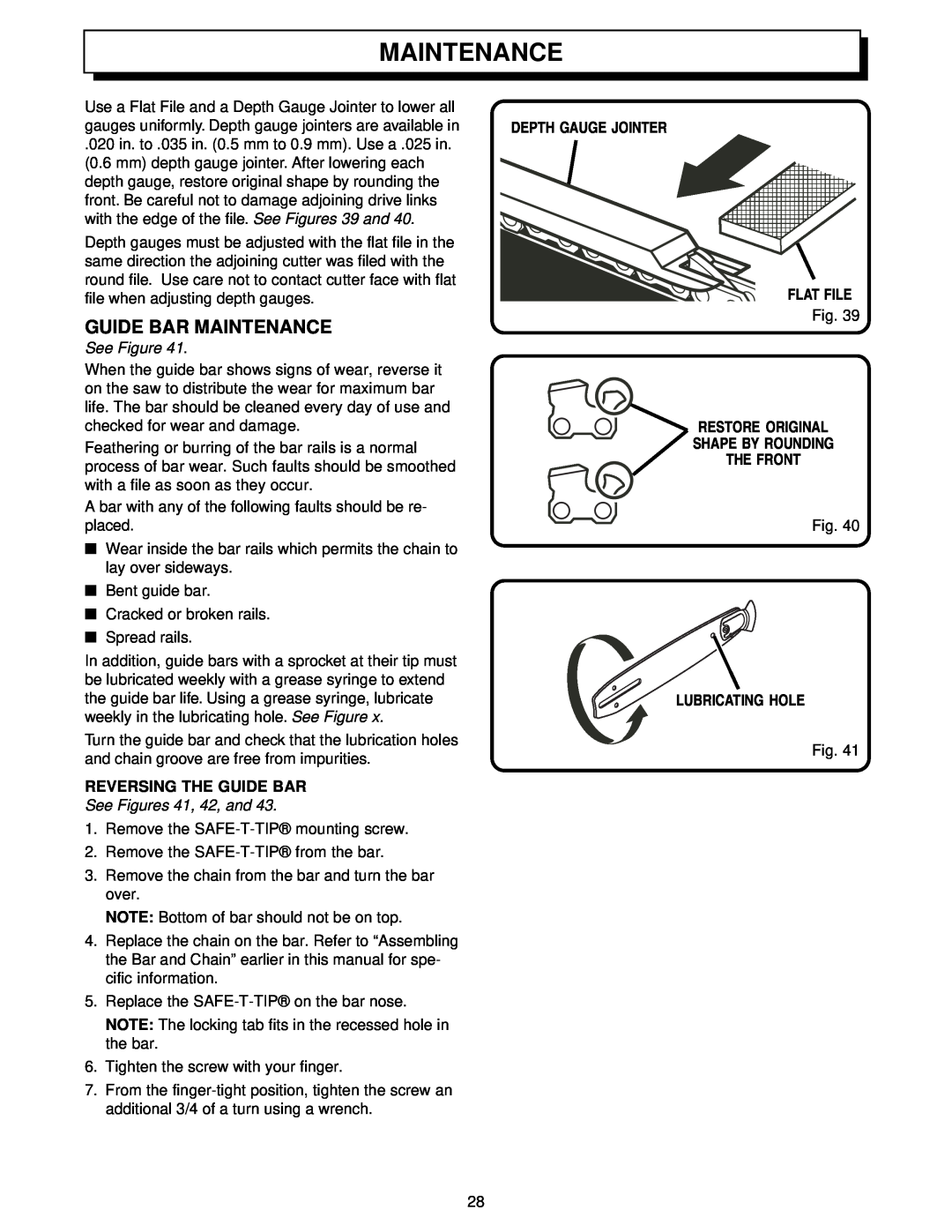 Homelite UT34010 Guide Bar Maintenance, Reversing The Guide Bar, See Figures 41, 42, and, Flat File, Lubricating Hole 