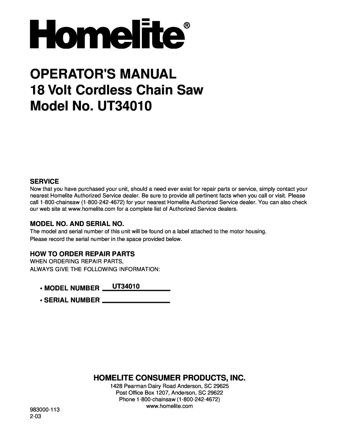 Homelite UT34010 manual Homelite Consumer Products, Inc, Service, Model No. And Serial No, How To Order Repair Parts 