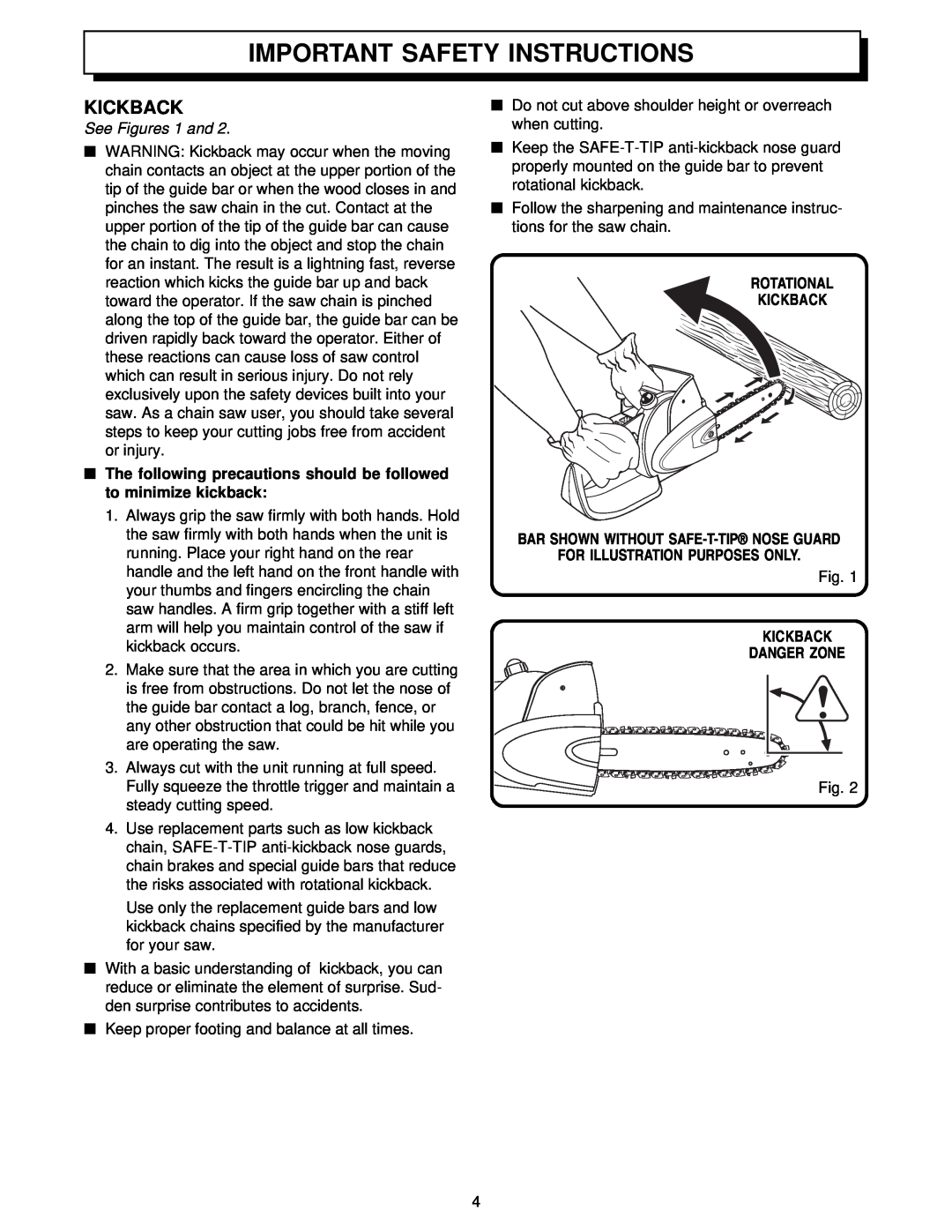 Homelite UT34010 manual Kickback, See Figures 1 and, The following precautions should be followed to minimize kickback 