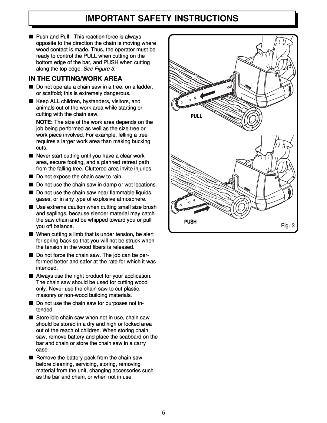 Homelite UT34010 manual In The Cutting/Work Area, Pull, Push, Important Safety Instructions 