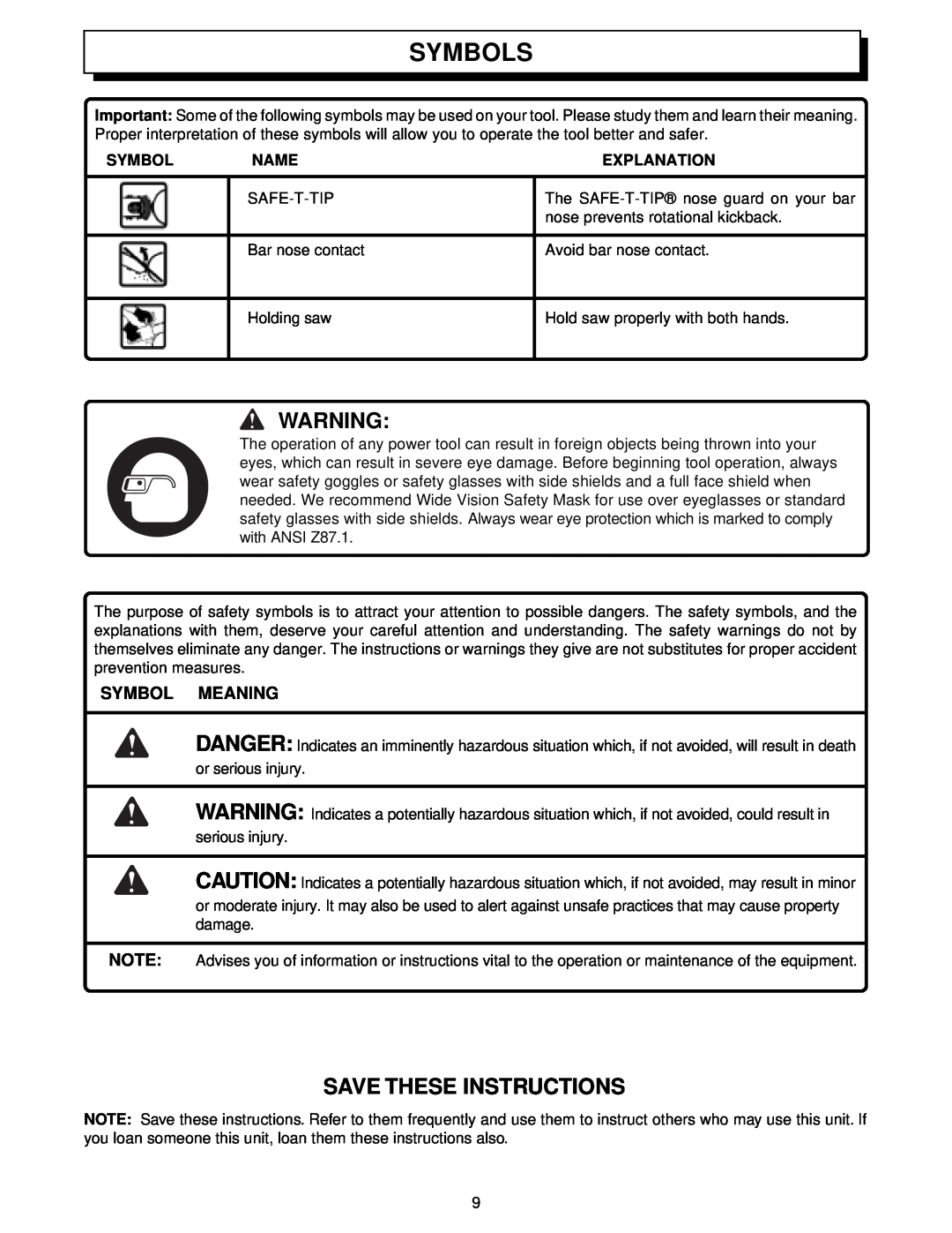 Homelite UT34010 manual Symbols, Save These Instructions, Symbol Meaning, Name, Explanation 