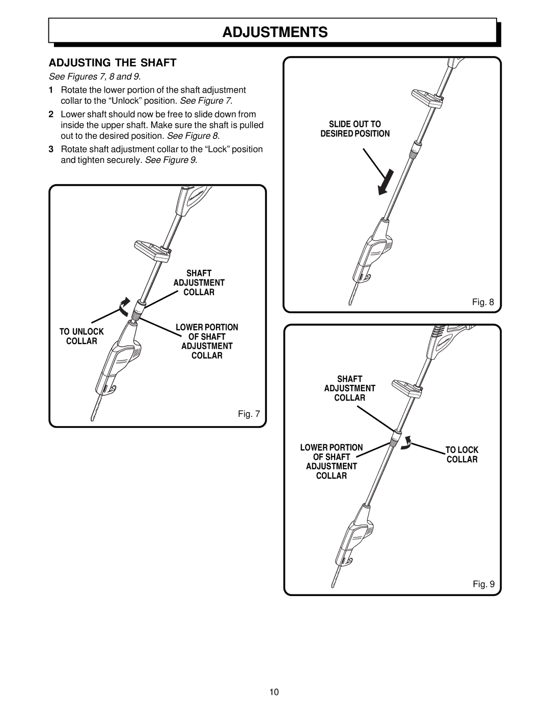 Homelite UT34020 manual Adjustments, Adjusting the Shaft, Slide OUT to Desired Position, To Unlock Collar Shaft Adjustment 