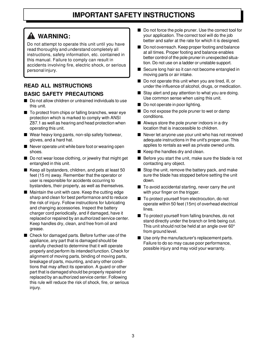 Homelite UT34020 manual Important Safety Instructions, Read ALL Instructions Basic Safety Precautions 