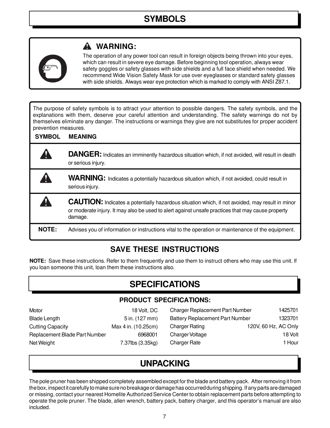 Homelite UT34020 manual Unpacking, Product Specifications 