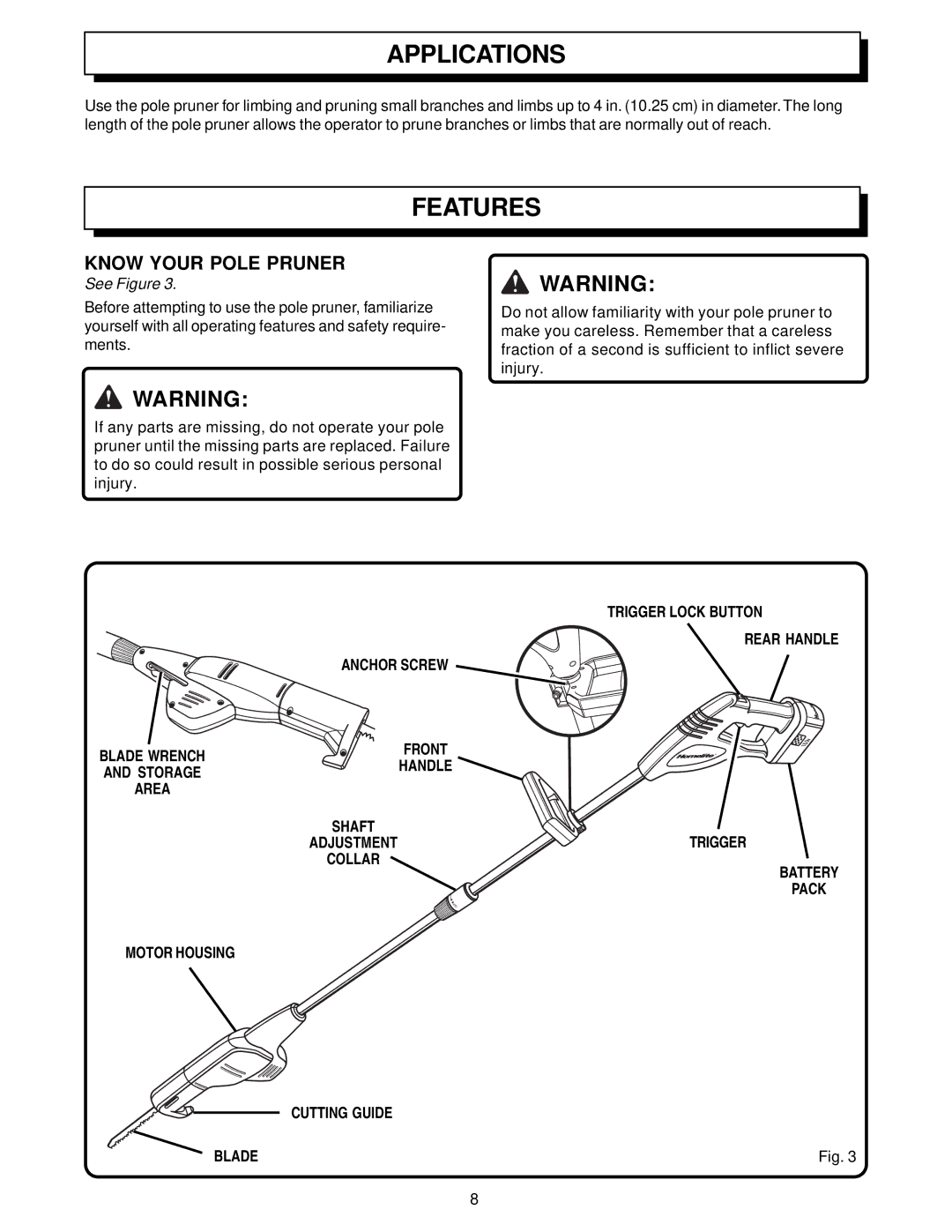 Homelite UT34020 manual Applications, Features, Know Your Pole Pruner, Anchor Screw, Shaft Adjustment Collar 