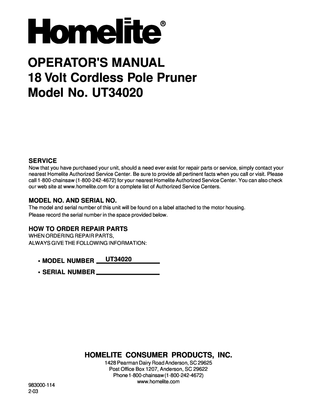 Homelite UT34020 manual Homelite Consumer Products, Inc, Service, Model No. And Serial No, How To Order Repair Parts 