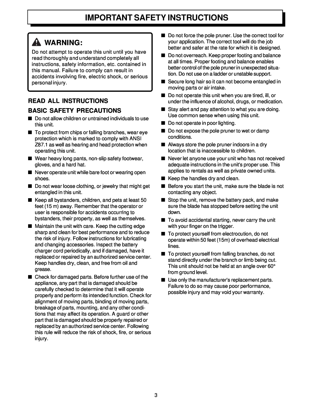 Homelite UT34020 manual Important Safety Instructions, Read All Instructions Basic Safety Precautions 