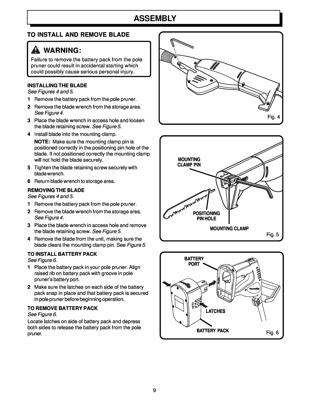 Homelite UT34020 manual Assembly, To Install And Remove Blade, Installing The Blade, See Figures 4 and, Removing The Blade 