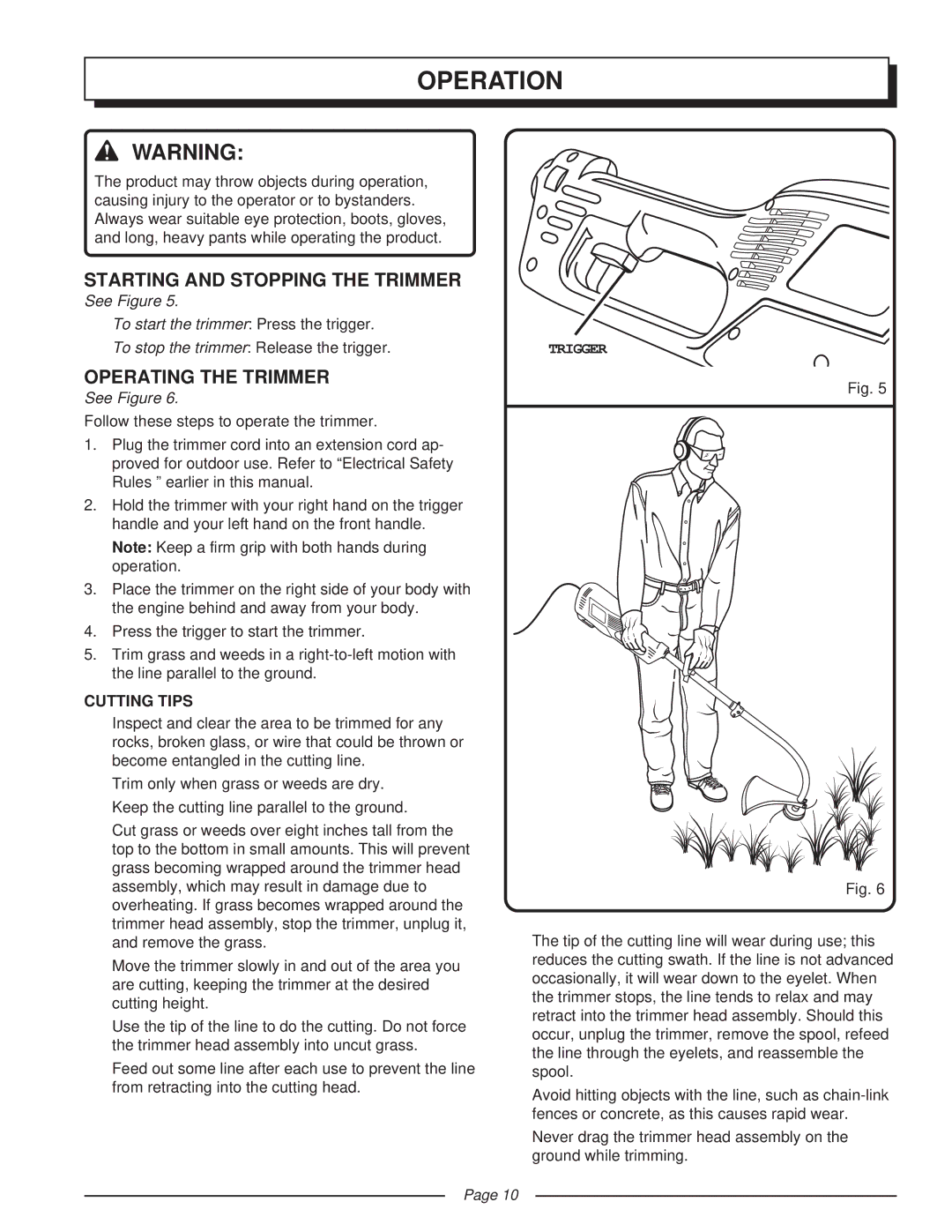 Homelite UT41002 manual Operation, Starting and Stopping the Trimmer, Operating the Trimmer, Cutting Tips 