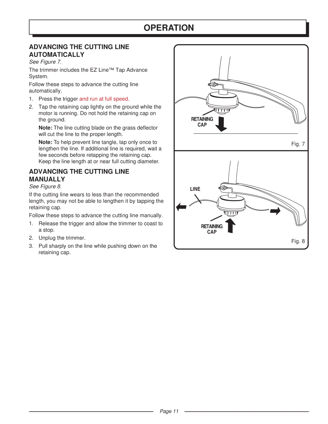 Homelite UT41002 manual Advancing the Cutting Line Automatically, Advancing the Cutting Line Manually, Retaining CAP Line 