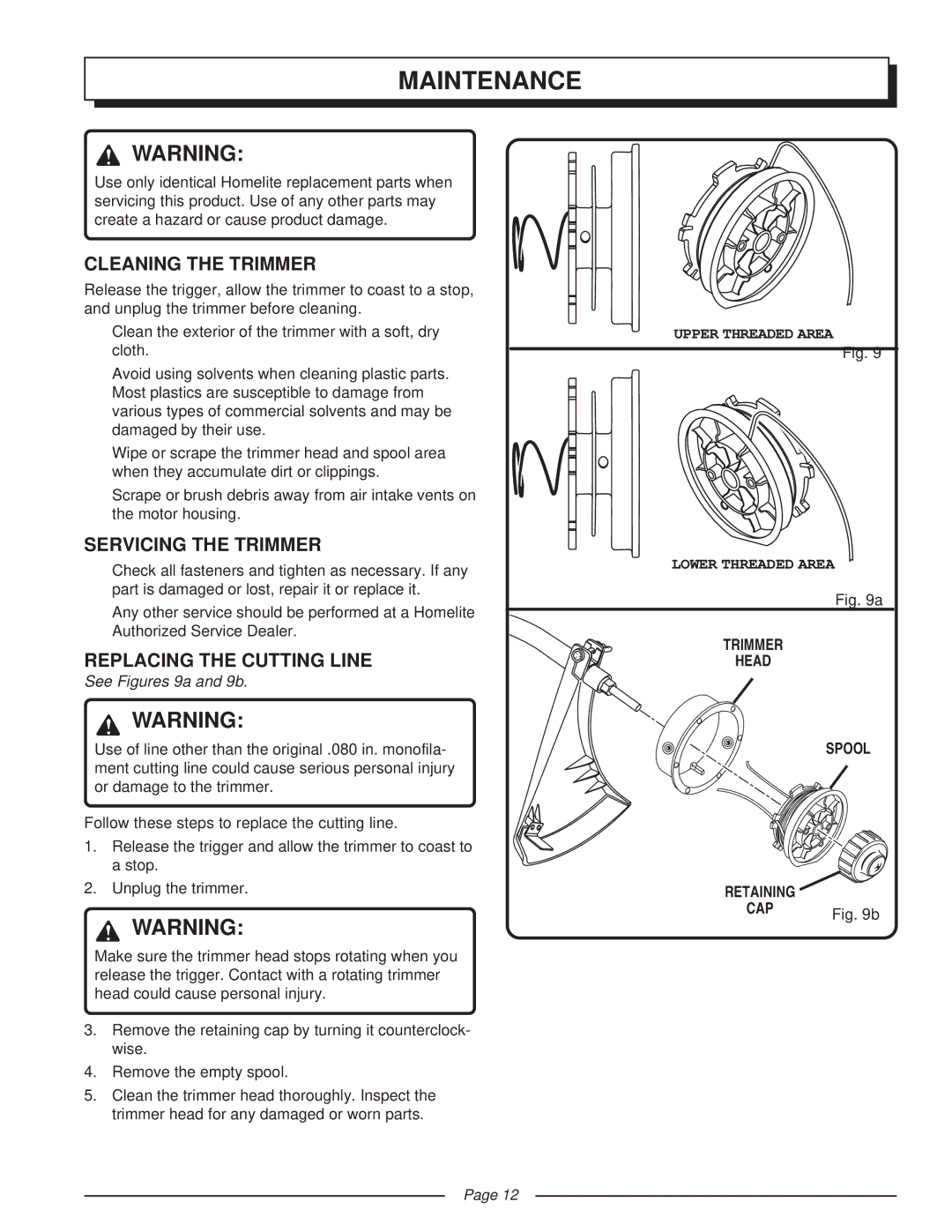 Homelite UT41002 Maintenance, Cleaning the Trimmer, Servicing the Trimmer, Replacing the Cutting Line, Trimmer Head Spool 