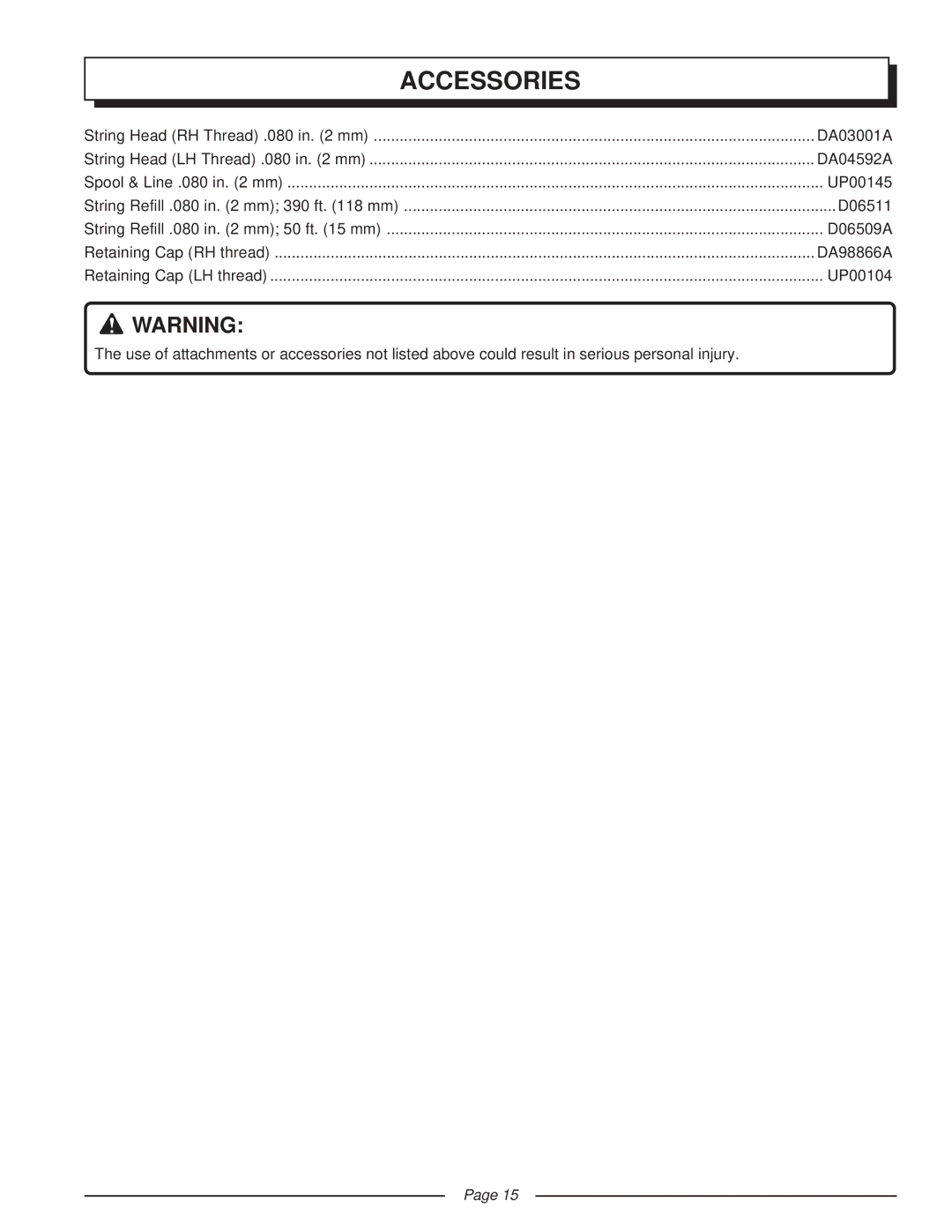 Homelite UT41002 manual Accessories 