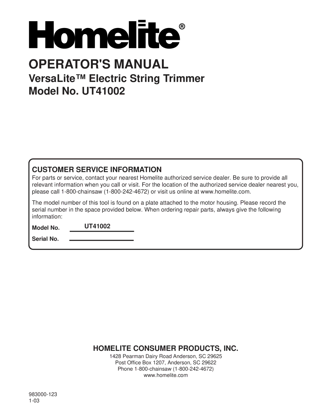 Homelite UT41002 manual Customer Service Information 