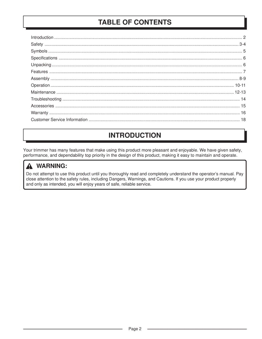 Homelite UT41002 manual Table of Contents, Introduction 