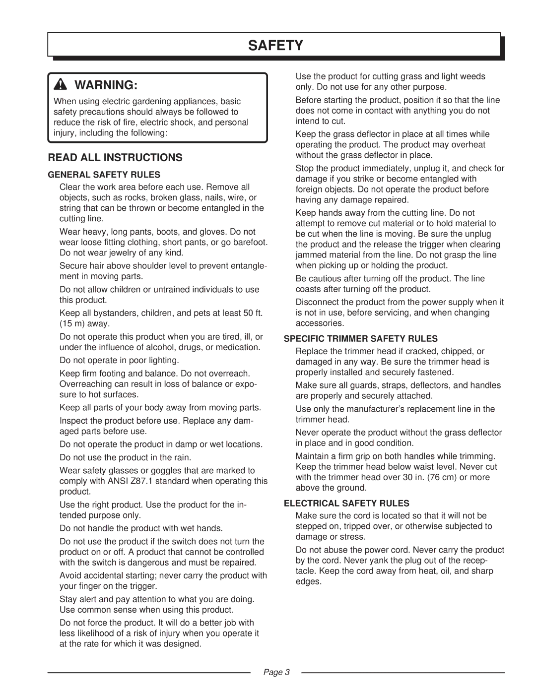 Homelite UT41002 Read ALL Instructions, General Safety Rules, Specific Trimmer Safety Rules, Electrical Safety Rules 