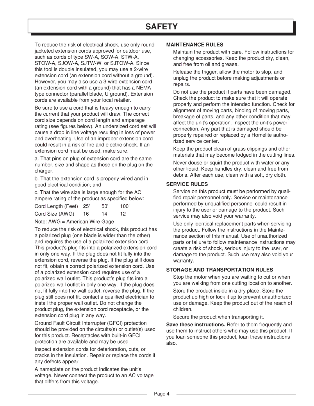 Homelite UT41002 manual Maintenance Rules, Service Rules, Storage and Transportation Rules 