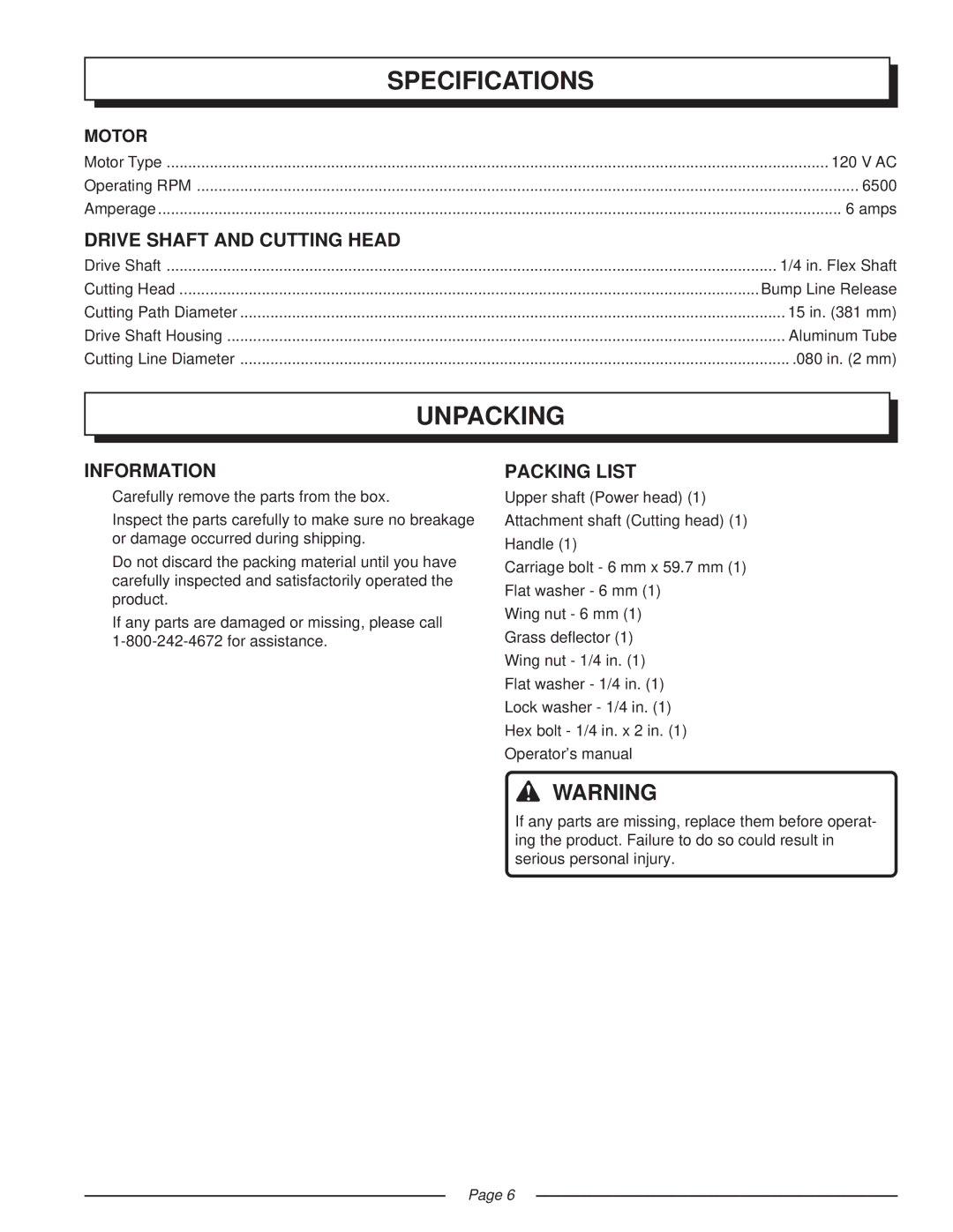 Homelite UT41002 manual Specifications, Unpacking, Drive Shaft and Cutting Head, Information, Packing List 