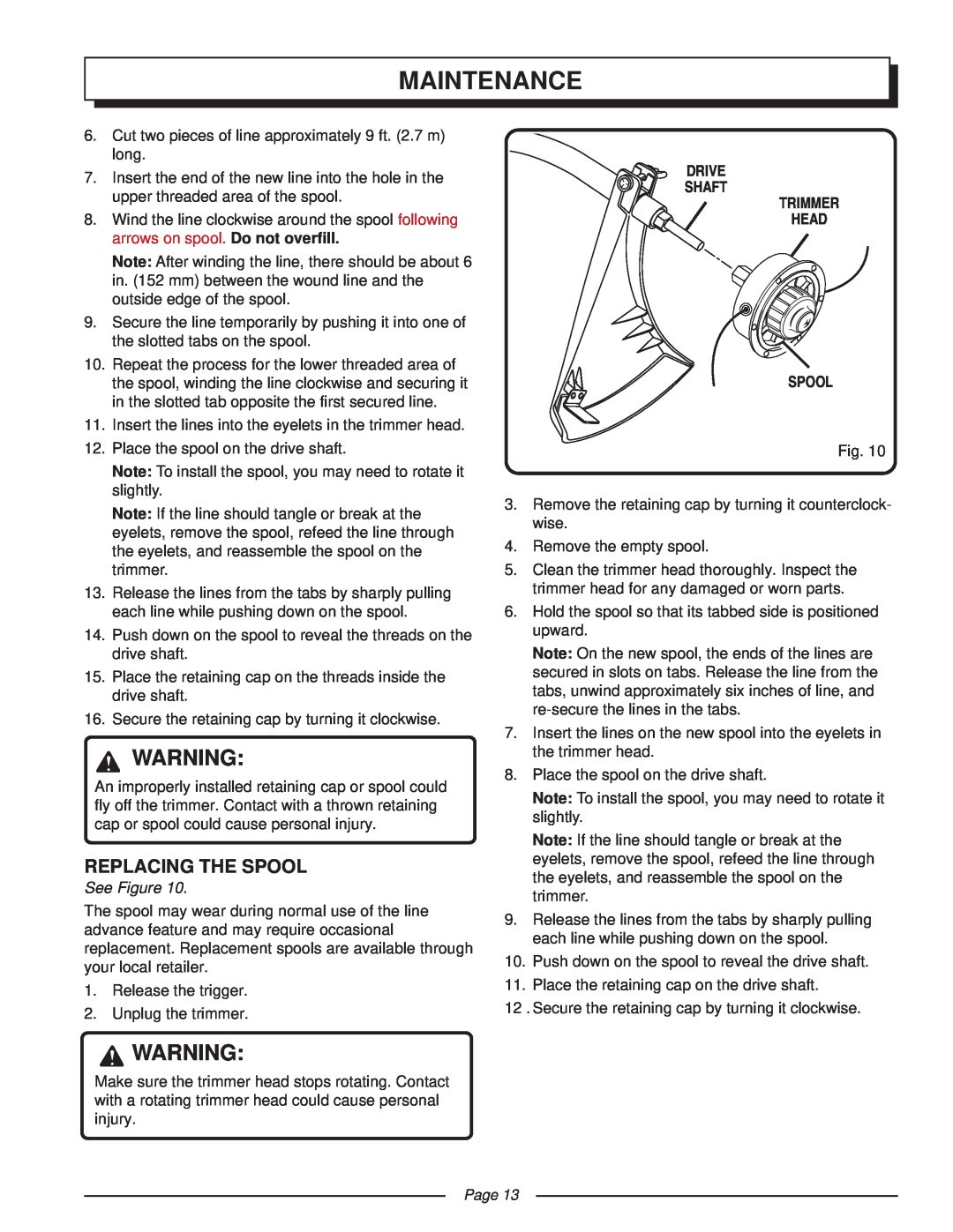 Homelite UT41002 manual Replacing The Spool, Maintenance, See Figure, Drive Shaft Trimmer Head Spool, Page 