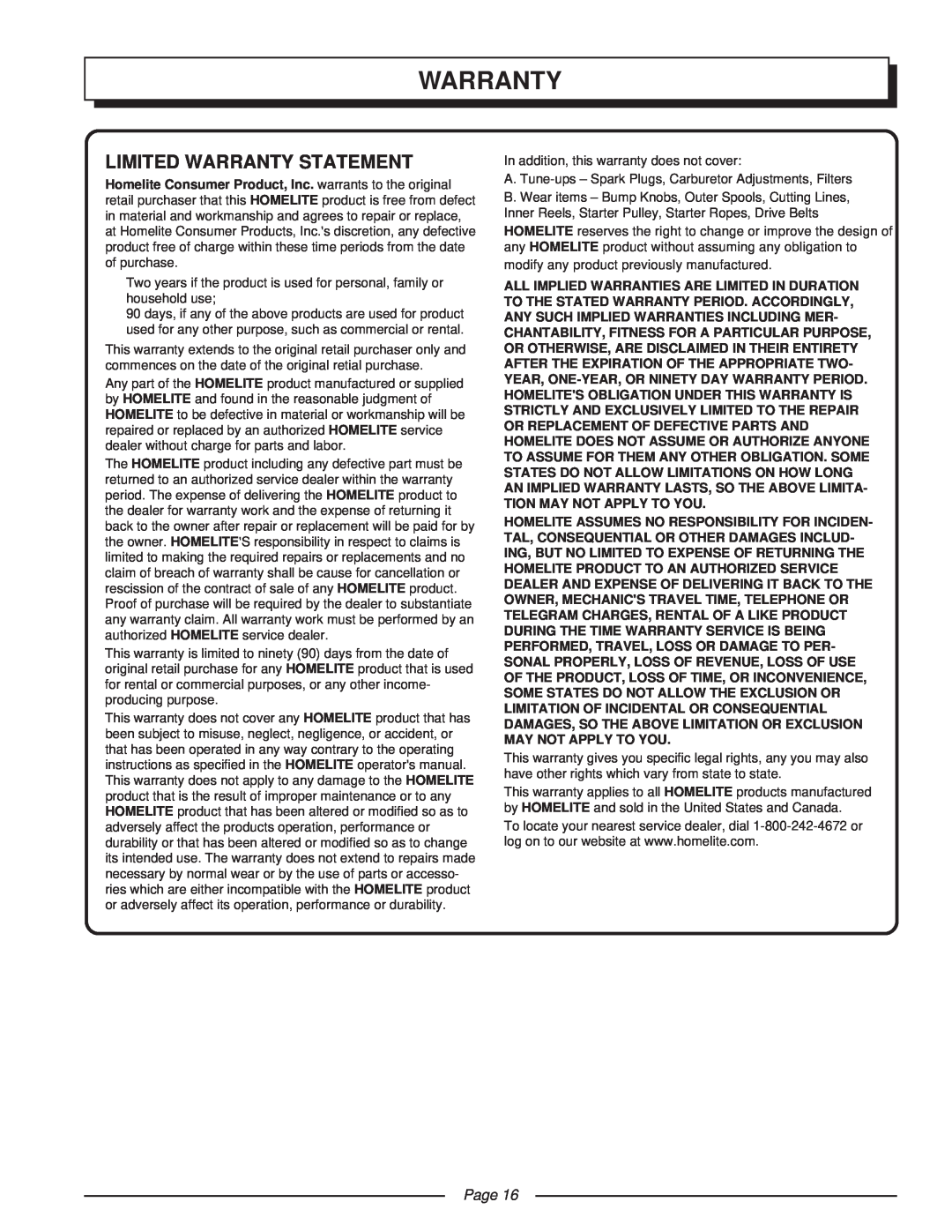 Homelite UT41002 manual Limited Warranty Statement, Page 
