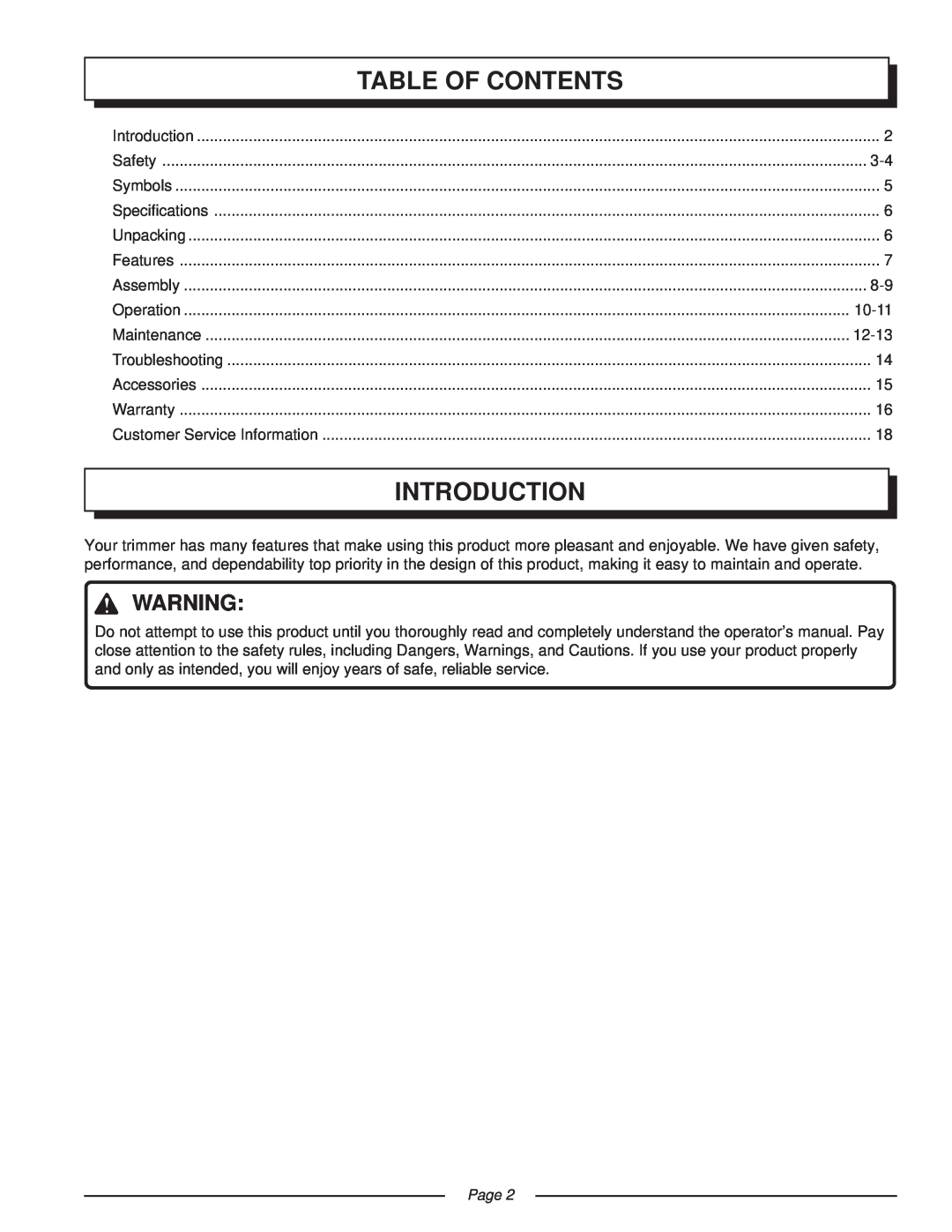 Homelite UT41002 manual Table Of Contents, Introduction, Page 