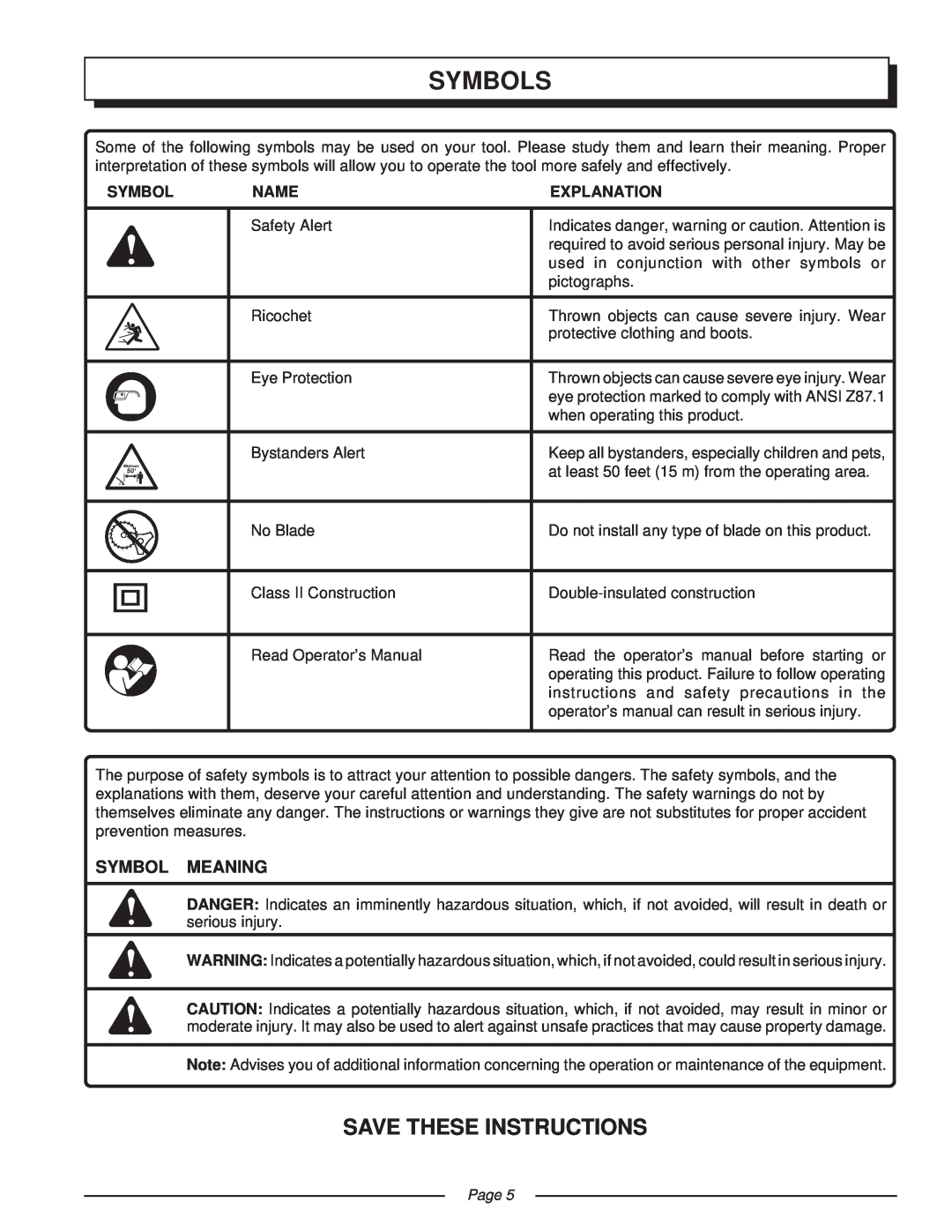 Homelite UT41002 manual Symbols, Save These Instructions, Symbol Meaning, Name, Explanation, Page 