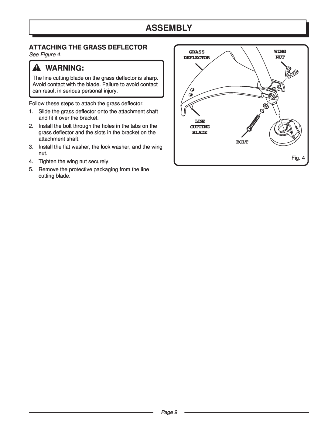 Homelite UT41002 manual Attaching The Grass Deflector, Assembly, See Figure, Page, Line Cutting Blade Bolt 