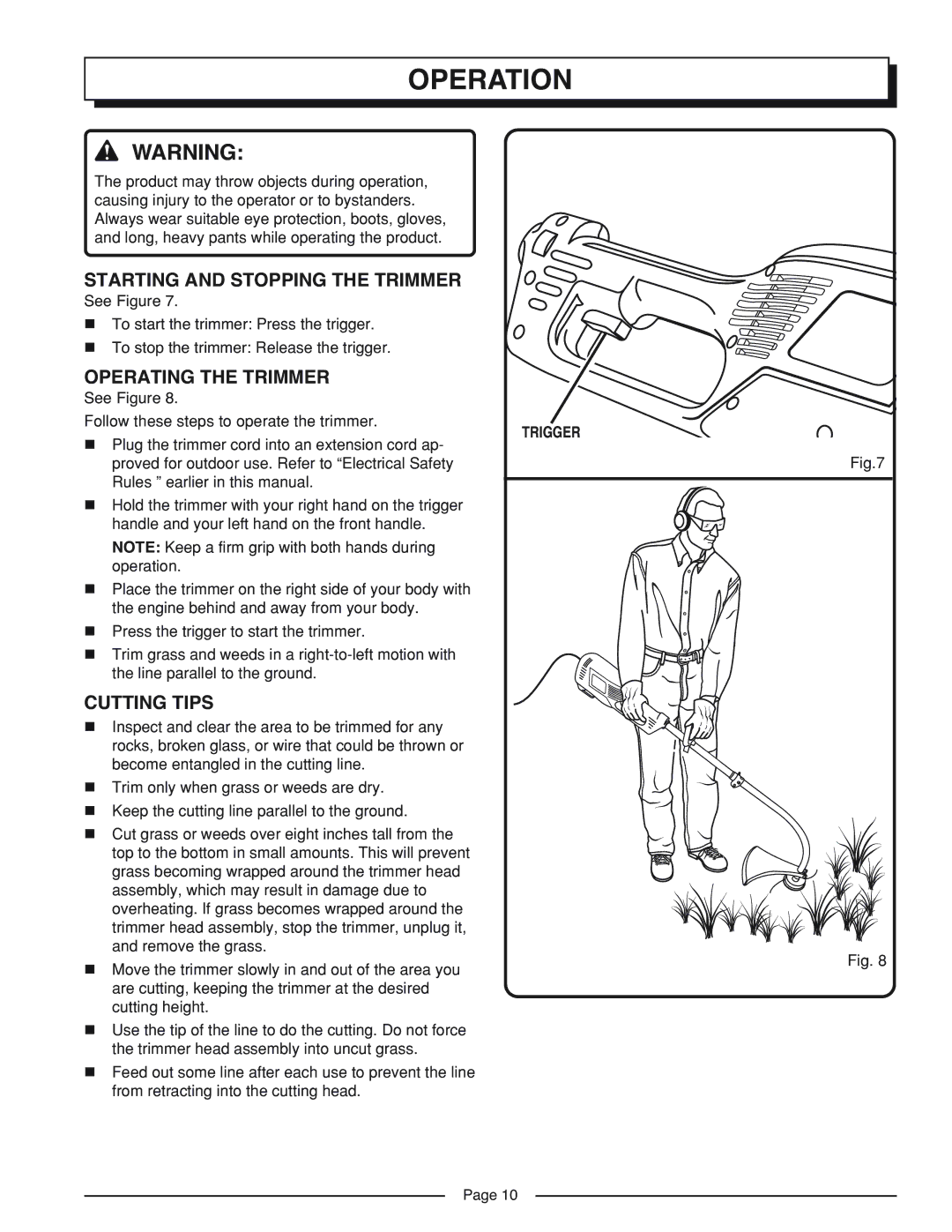 Homelite UT41002A manual Operation, Starting and Stopping the Trimmer, Operating the Trimmer, Cutting Tips, Trigger 