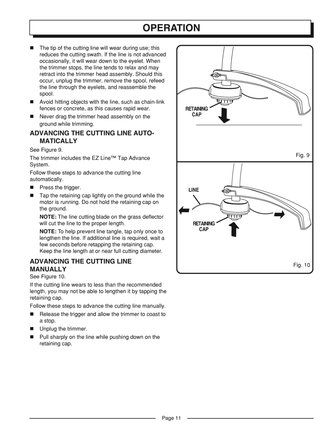 Homelite UT41002A Advancing the Cutting Line AUTO- Matically, Advancing the Cutting Line Manually, Retaining CAP Line 