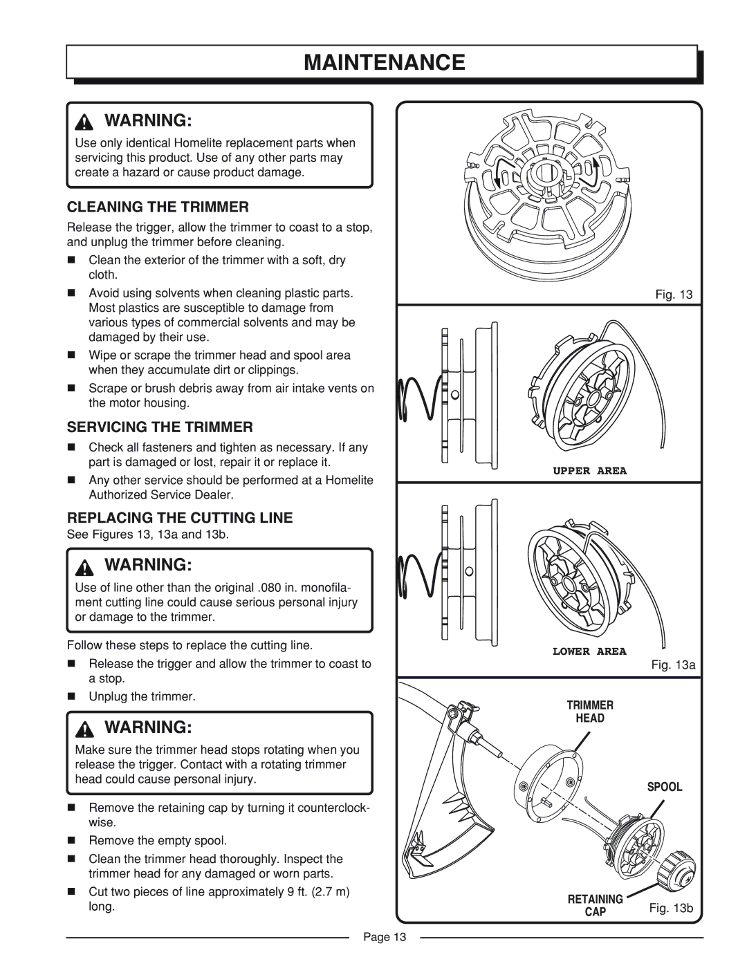 Homelite UT41002A Maintenance, Cleaning the Trimmer, Servicing the Trimmer, Replacing the Cutting Line, Trimmer Head Spool 