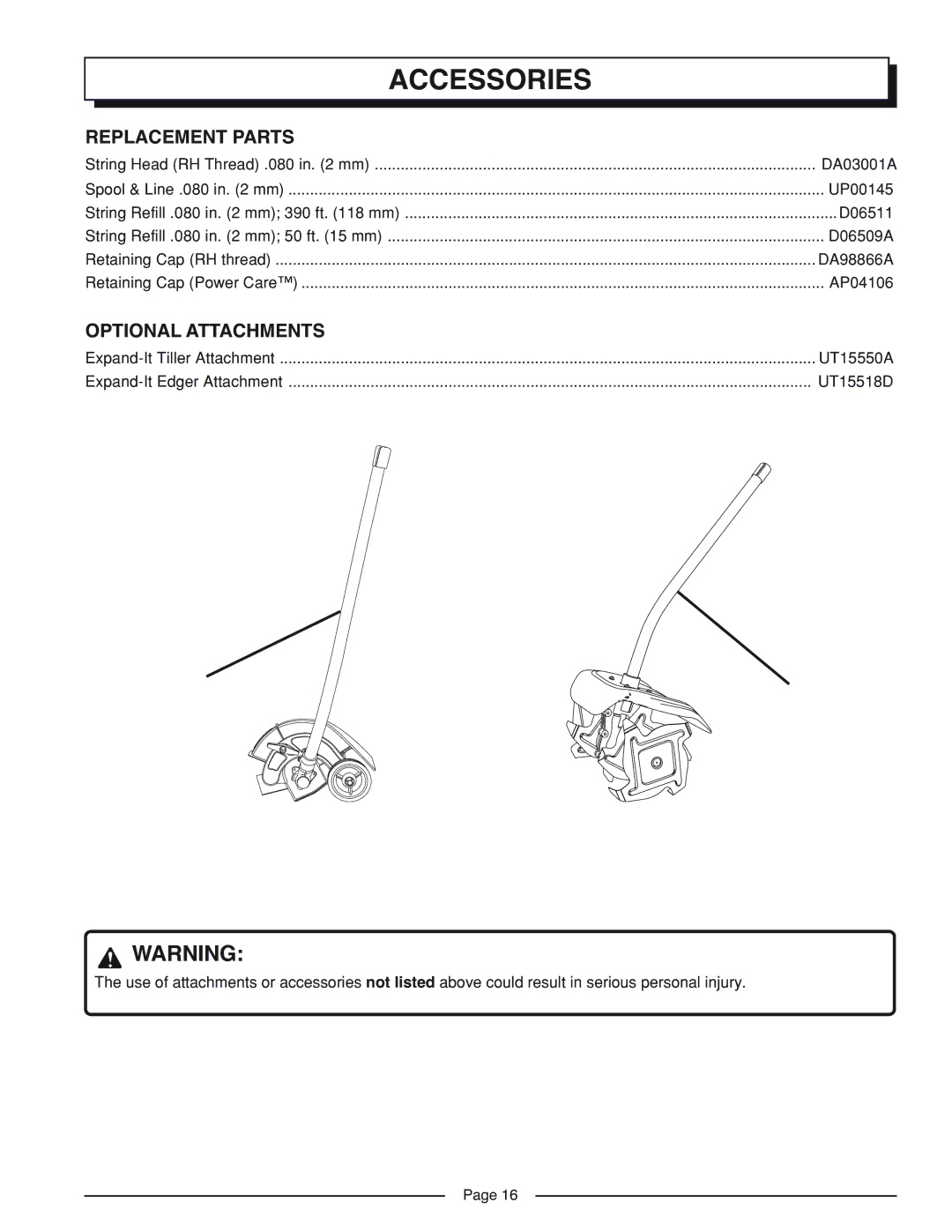 Homelite UT41002A manual Accessories, Replacement Parts, Optional Attachments 