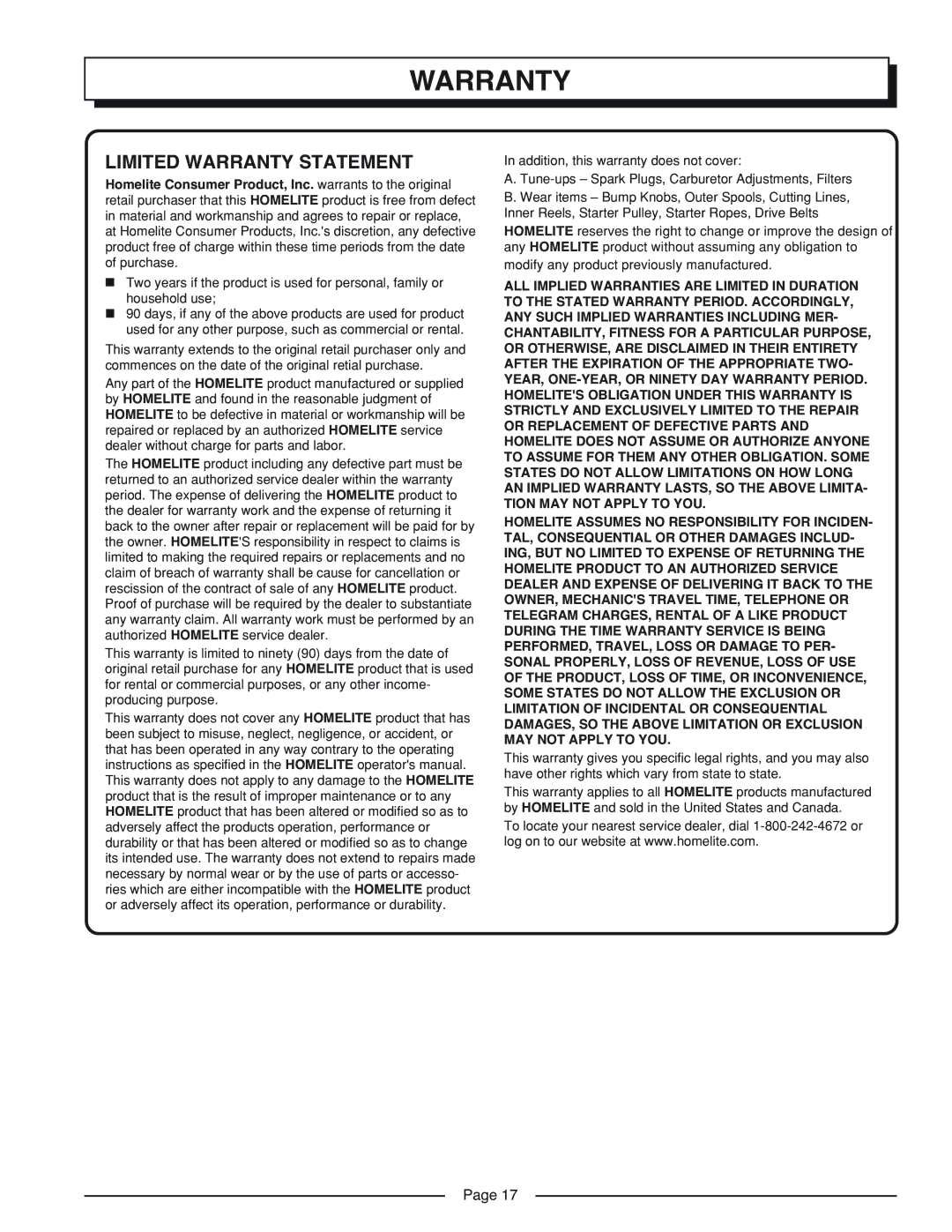 Homelite UT41002A manual Limited Warranty Statement 