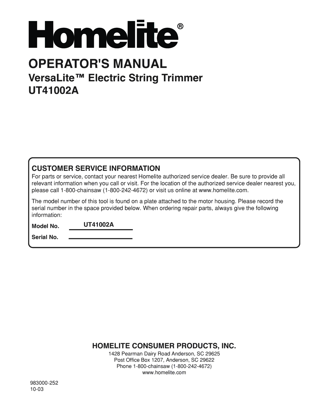 Homelite UT41002A manual Customer Service Information 