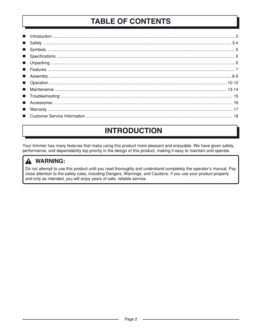 Homelite UT41002A manual Introduction, Table of Contents 