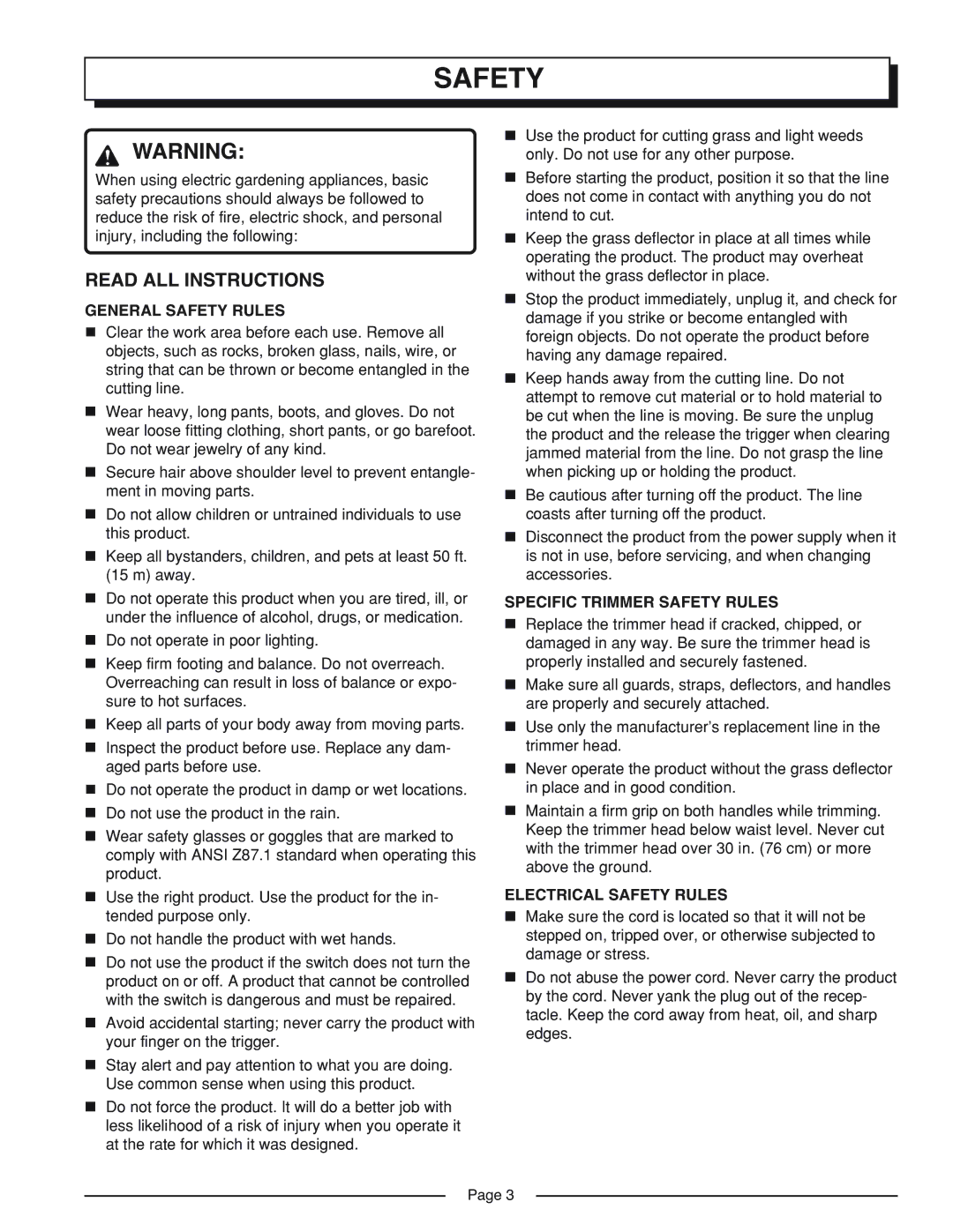 Homelite UT41002A Read ALL Instructions, General Safety Rules, Specific Trimmer Safety Rules, Electrical Safety Rules 