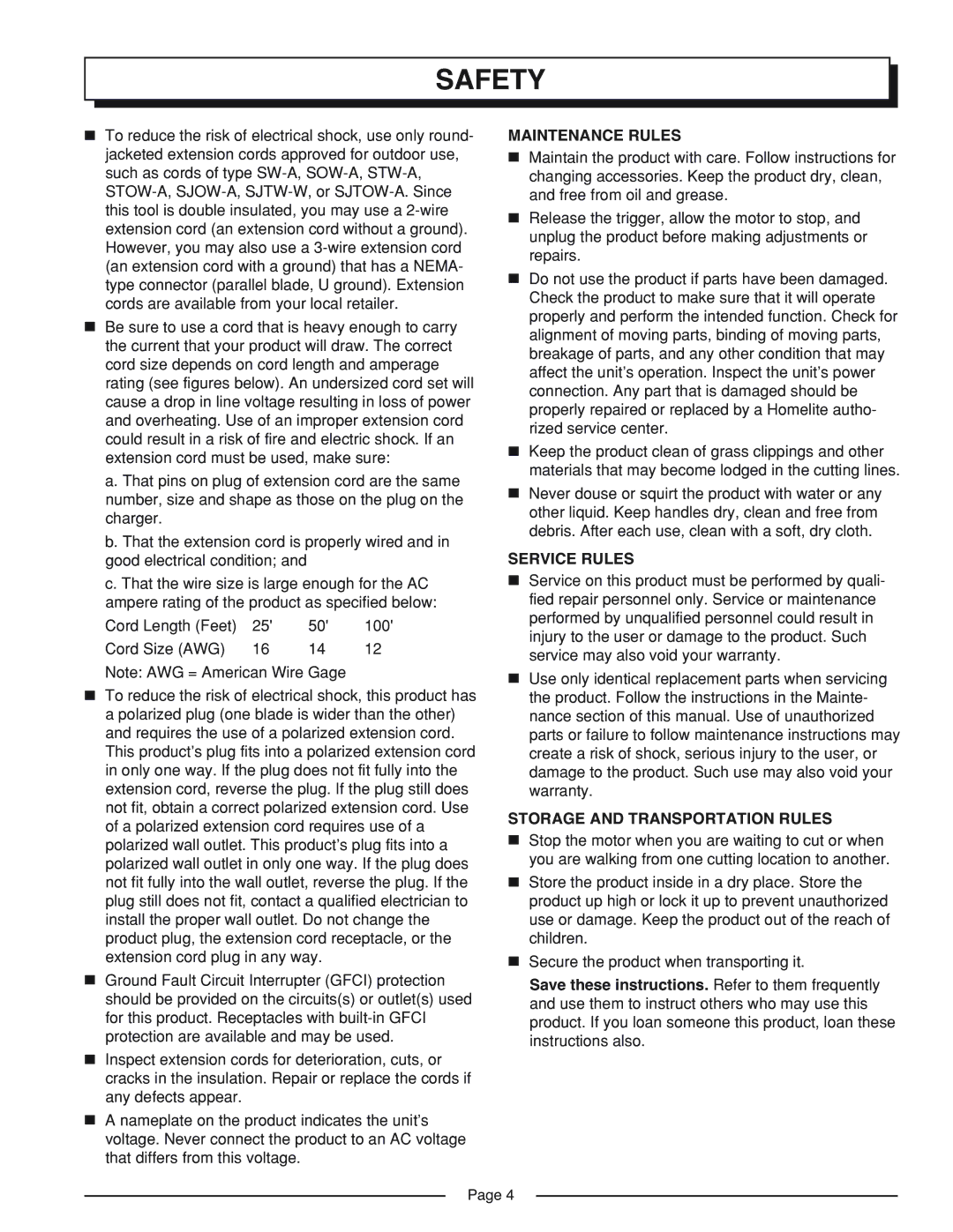 Homelite UT41002A manual Maintenance Rules, Service Rules, Storage and Transportation Rules 