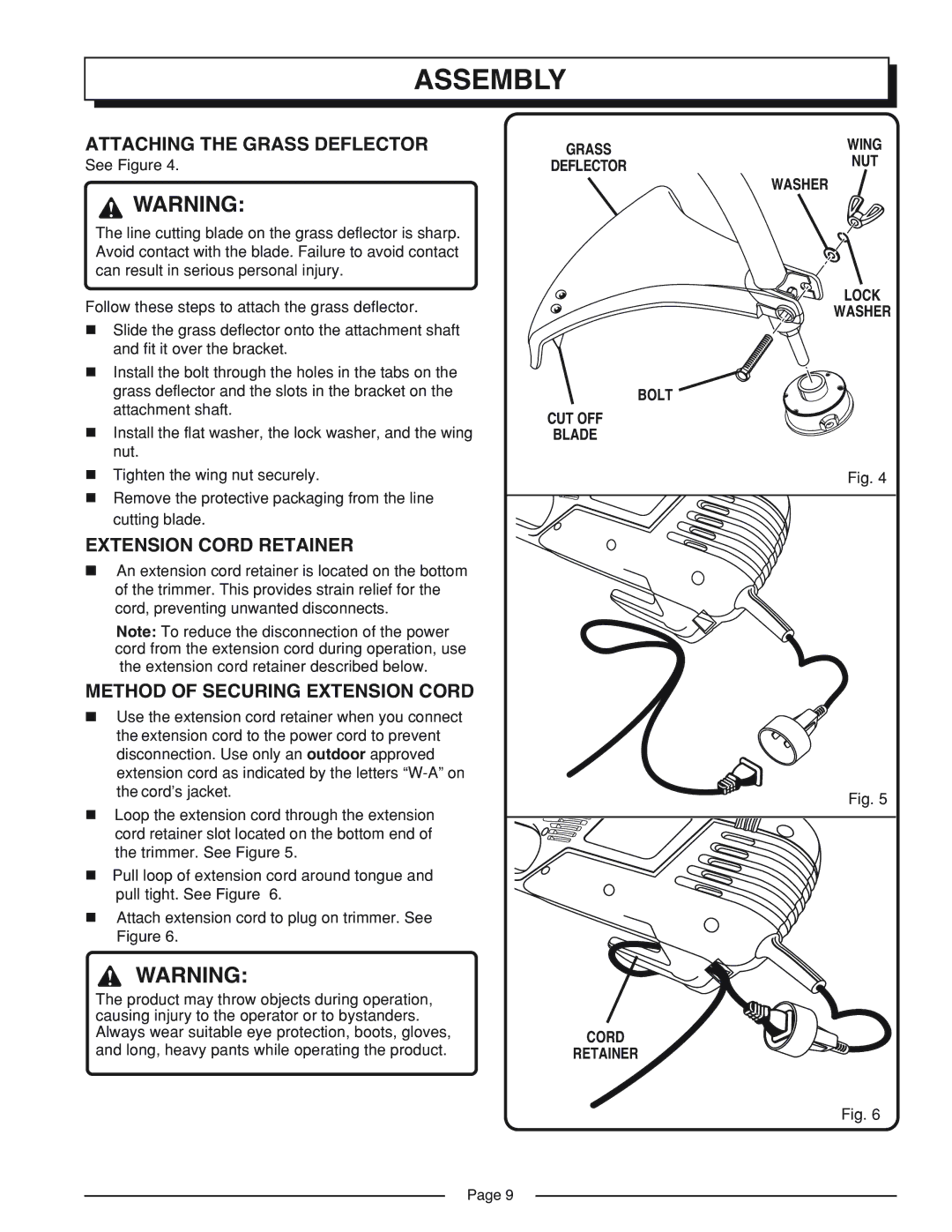 Homelite UT41002A manual Attaching the Grass Deflector, Extension Cord Retainer, Method of Securing Extension Cord 