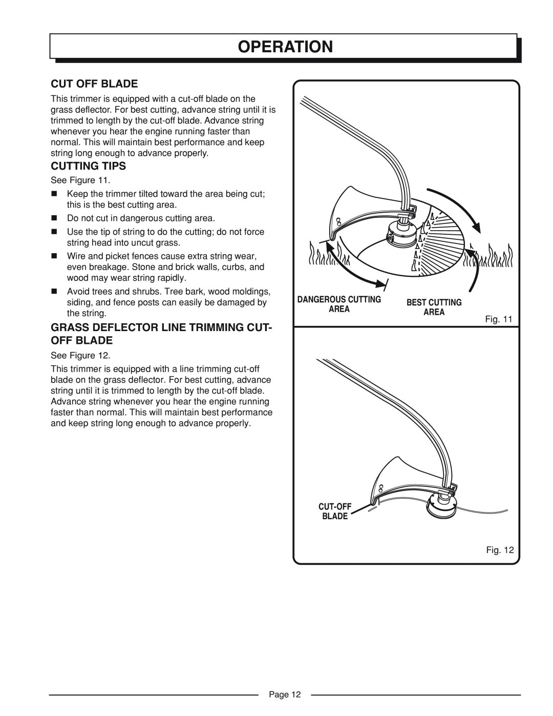 Homelite UT41002A Cut Off Blade, Grass Deflector Line Trimming Cut- Off Blade, Operation, Cutting Tips, See Figure, Page 