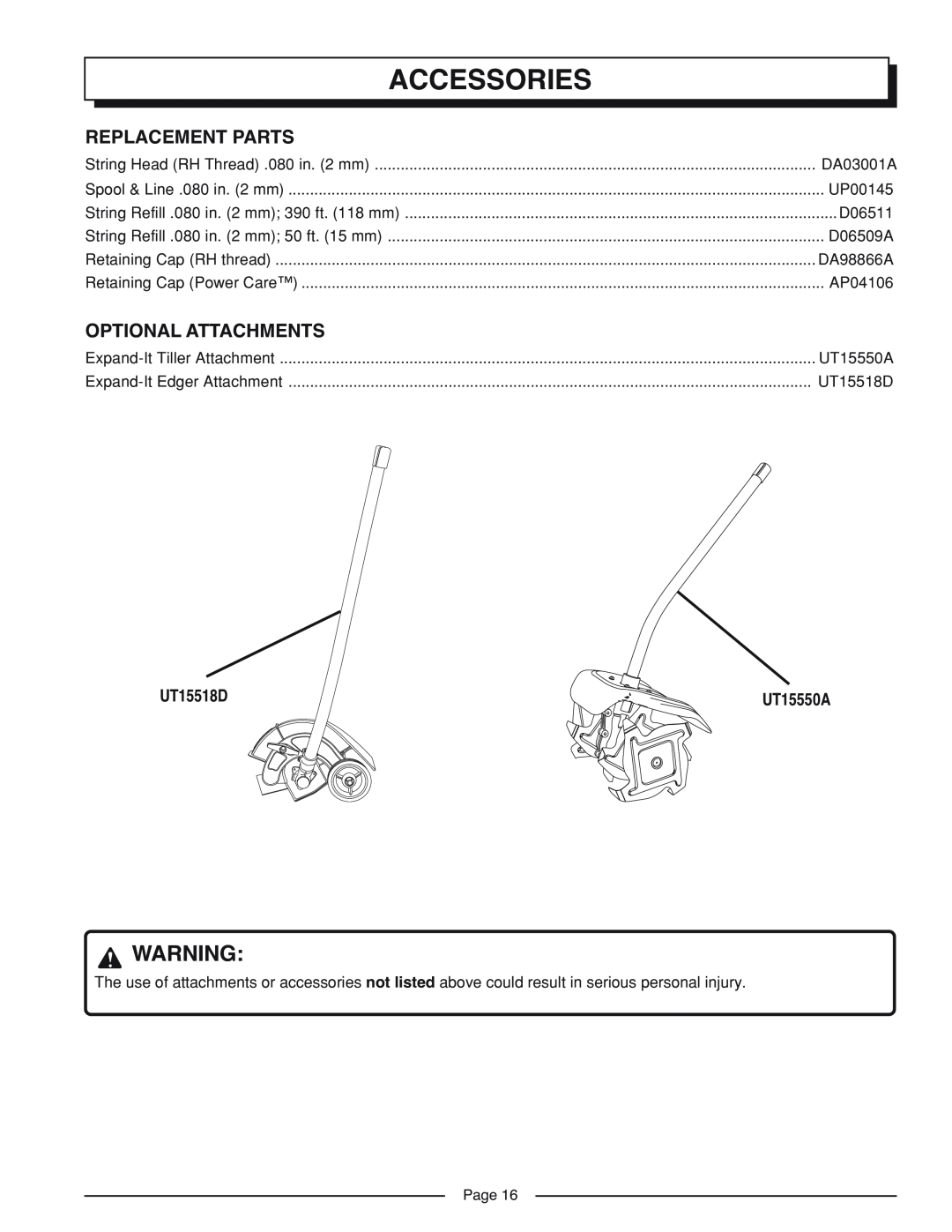 Homelite UT41002A manual Accessories, Replacement Parts, Optional Attachments, UT15518D, Page, UT15550A 