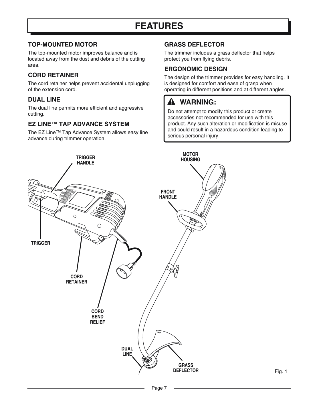 Homelite UT41002A manual Features, Top-Mounted Motor, Cord Retainer, Grass Deflector, Ergonomic Design, Dual Line, Page 