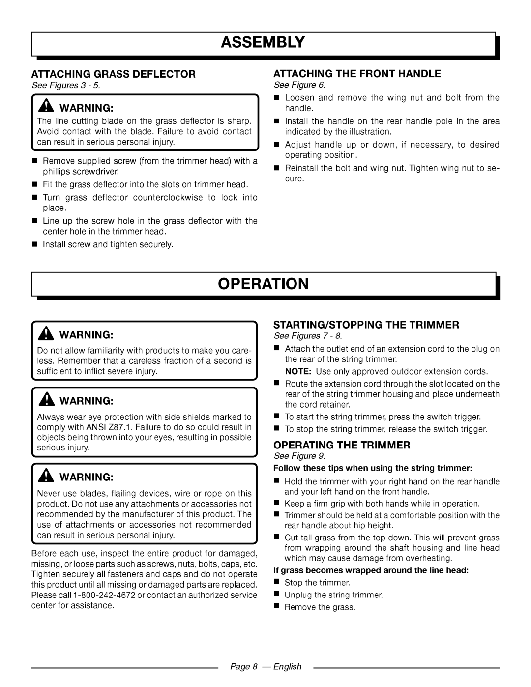 Homelite UT41112 Operation, Attaching Grass Deflector, Attaching the Front handle, Starting/stopping the TRIMMer 