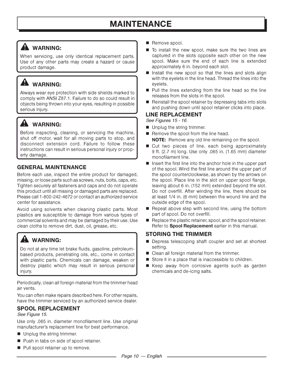 Homelite UT41112 manuel dutilisation General Maintenance, Line Replacement, Spool Replacement, STORing the trimmer 